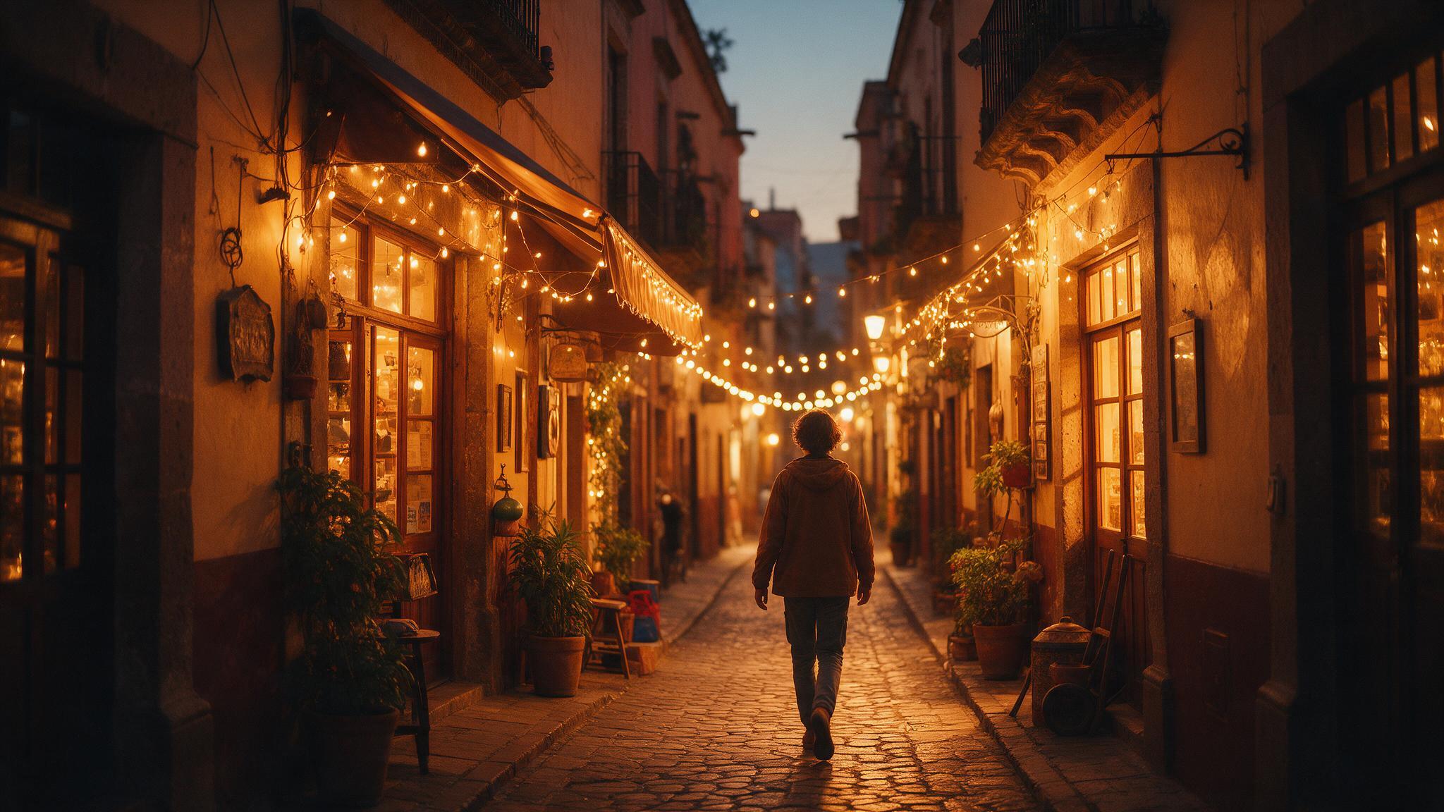Viajero recorriendo una calle iluminada