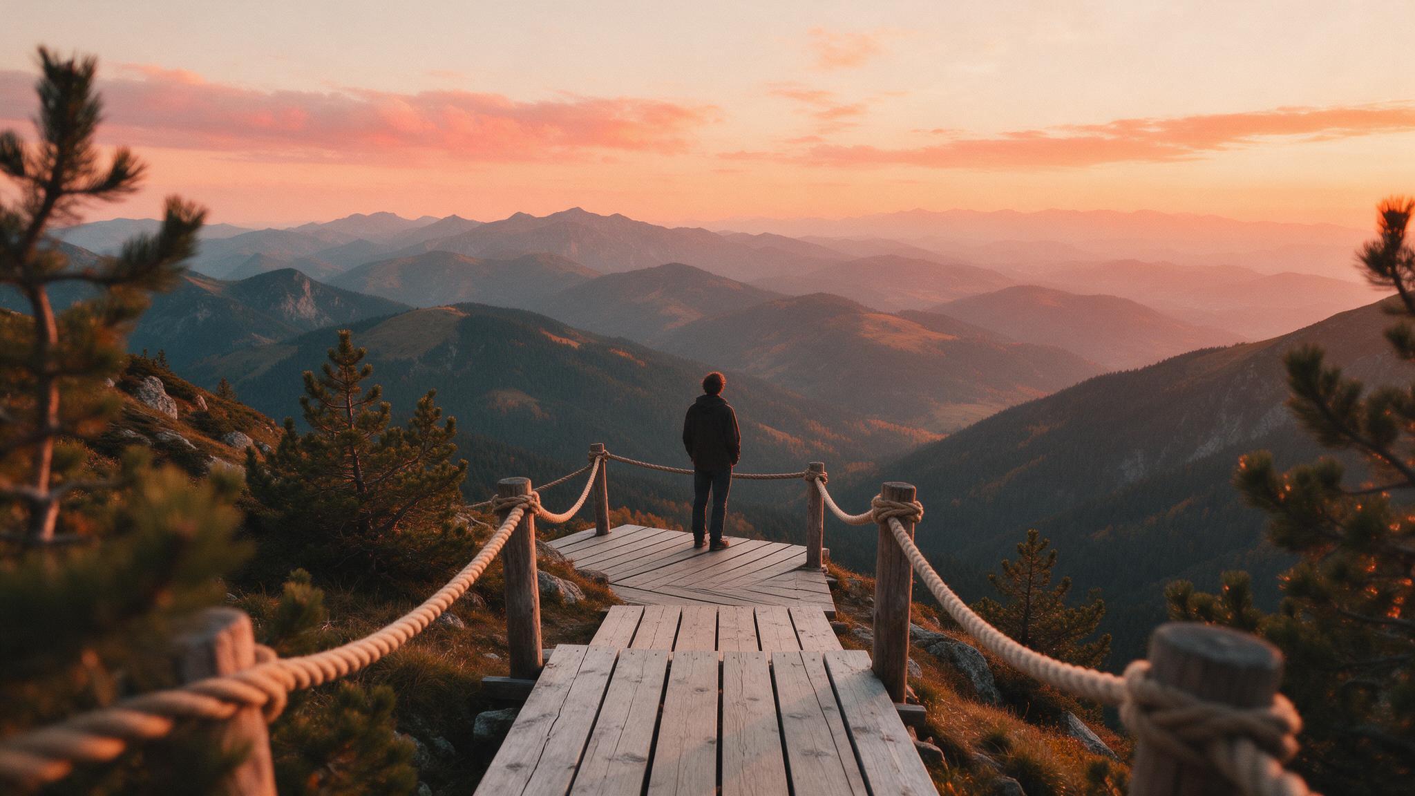 Persona contemplando montañas al atardecer